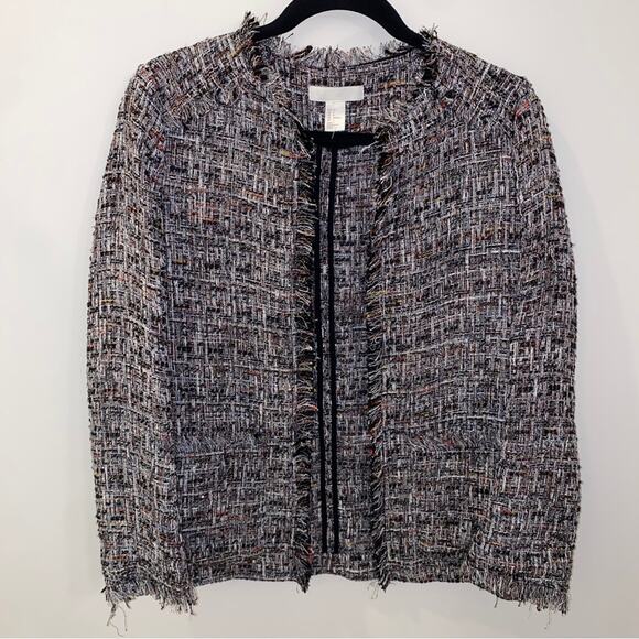 H&M Frayed Tweed Sequin Cropped Jacket Open-front Blazer Size 6 - Picture 2 of 12